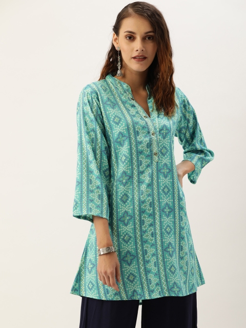 

TANKHI Women Blue & White Bandhani Printed Straight Kurti