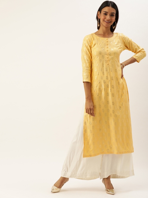 

TANKHI Women Yellow & Gold-Toned Printed Straight Kurta