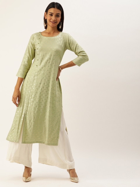 

TANKHI Women Sea Green & Silver-Toned Printed Straight Kurta