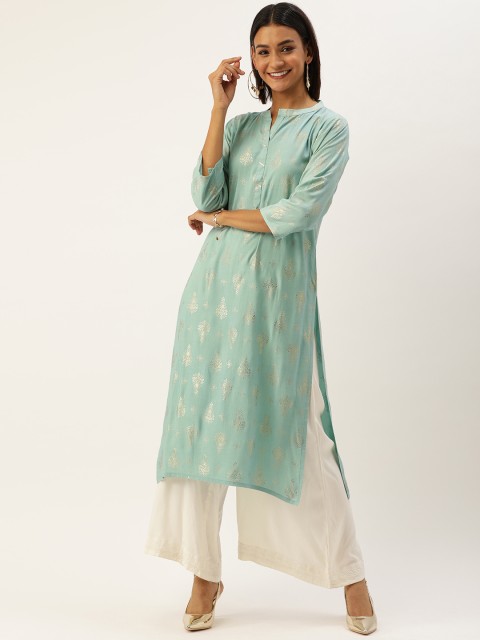 

TANKHI Women Blue & Gold-Toned Printed Straight Kurta