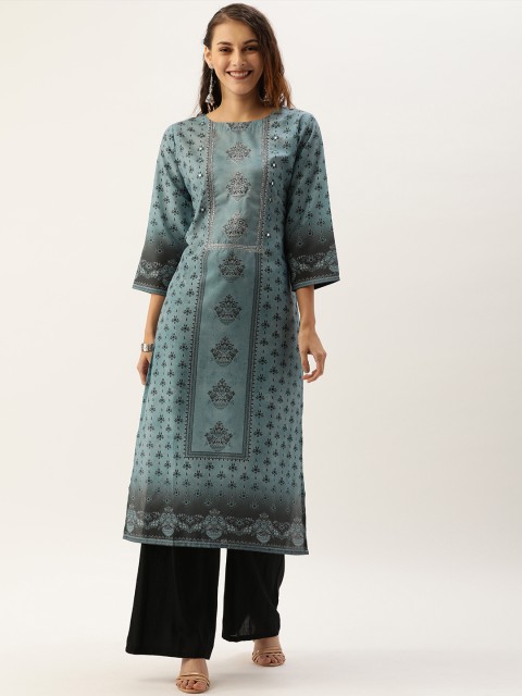 

TANKHI Women Teal & Black Printed Straight Kurta