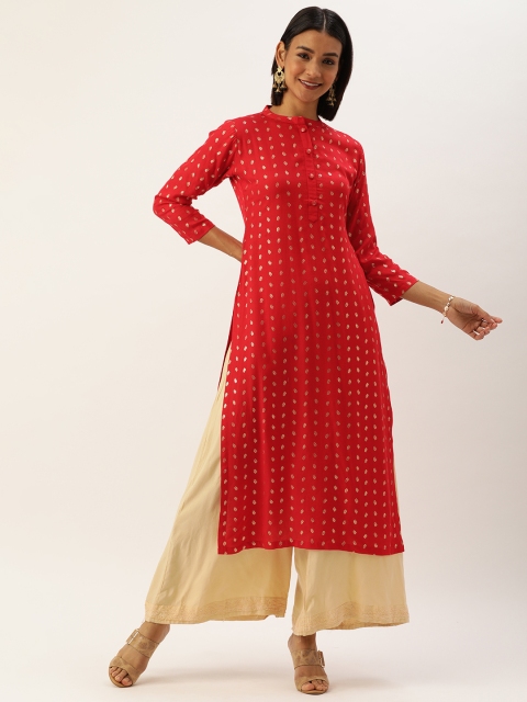 

TANKHI Women Red & Gold-Toned Foil Printed Straight Kurta