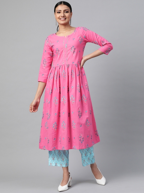 

AASI - HOUSE OF NAYO Women Pink & Blue Floral Print Kurta with Palazzos