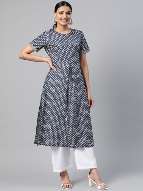 

AASI - HOUSE OF NAYO Women Navy Blue & Grey Printed A-Line Kurta