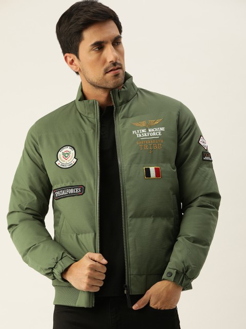 

Flying Machine Men Olive Green Solid Lightweight Padded Jacket With Applique Detail