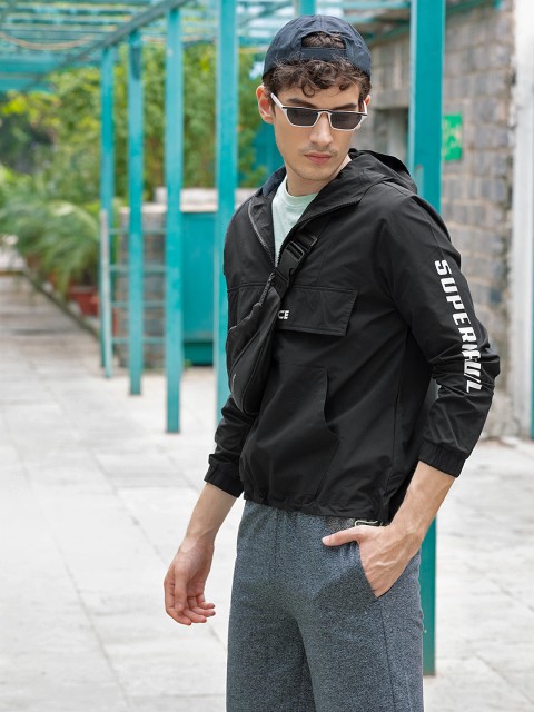 

Flying Machine Men Black Solid Hooded Sporty Jacket