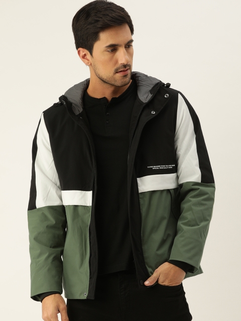 

Flying Machine Men Black & Green Colourblocked Lightweight Hooded Padded Jacket
