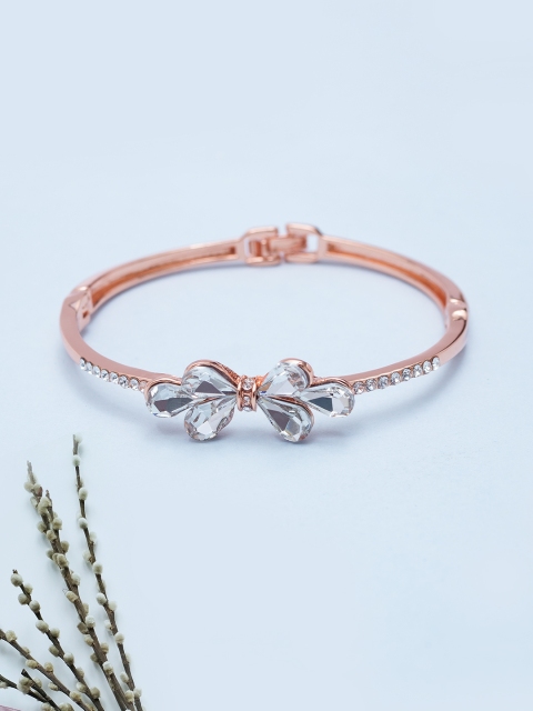 

Golden Peacock Rose Gold-Plated CZ Studded Floral Bangle-Style Bracelet