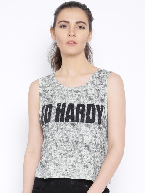 

Ed Hardy Women Grey Printed Tank Pure Cotton Top