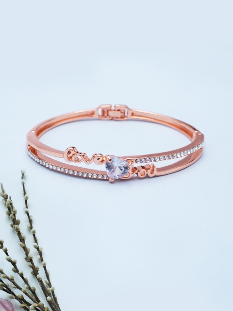 

Golden Peacock Rose Gold-Plated CZ Studded Heart-Shaped Bangle-Style Bracelet