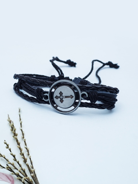 

Golden Peacock Black Silver-Toned Cross Charm Leather Multistranded Handcrafted Bracelet