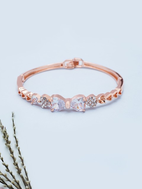 

Golden Peacock Rose Gold-Plated CZ Studded Heart-Shaped Bangle-Style Bracelet