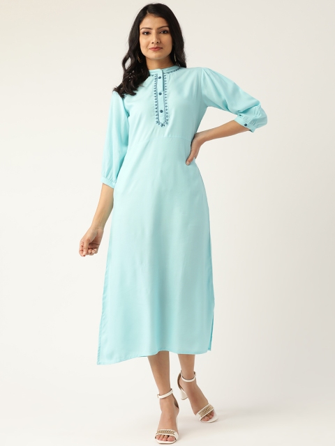 

Nayo Women Blue Embroidered Mandarin Collar A-Line Dress