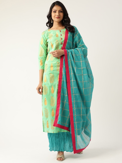 

Nayo Women Green & Turquoise Blue Printed Kurta with Skirt & Dupatta