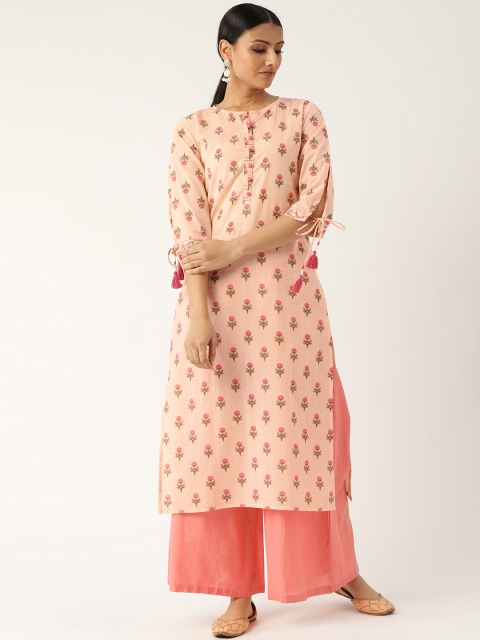 

Nayo Women Peach-Coloured & Green Printed Straight Kurta