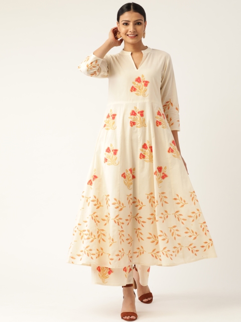 

Nayo Women Cream-Coloured & Red Block Print Kurta with Palazzos