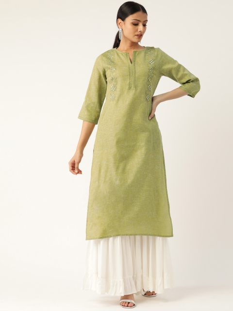 

Nayo Women Green Yoke Design Straight Kurta