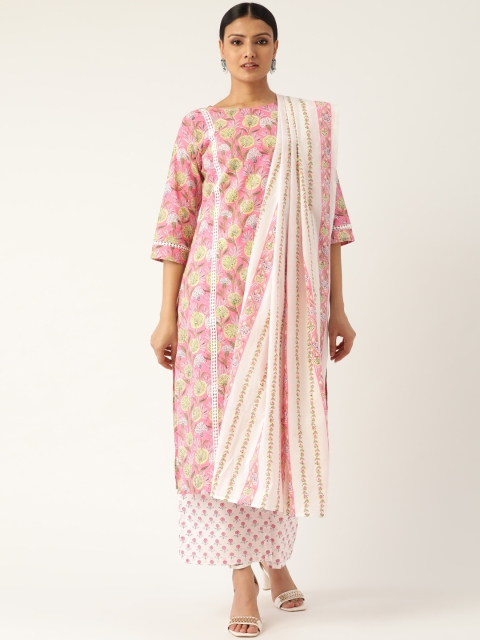 

Nayo Women Pink & Off-White Printed Kurta with Palazzos & Dupatta