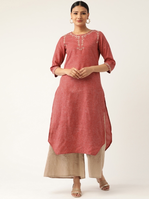 

Nayo Women Maroon & White Yoke Design Straight Kurta