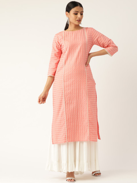

Nayo Women Coral Pink & Off-White Striped Straight Kurta