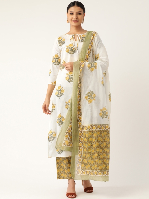 

Nayo Women White & Olive Green Printed Kurta with Palazzos & Dupatta