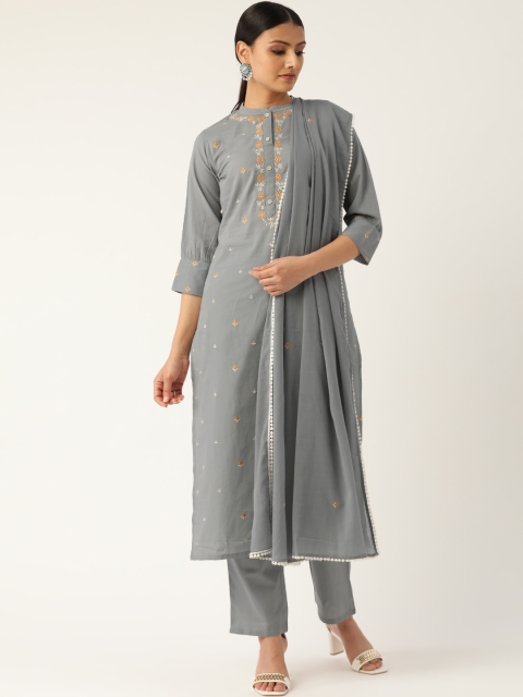 

Nayo Women Grey & Orange Embroidered Kurta with Trousers & Dupatta