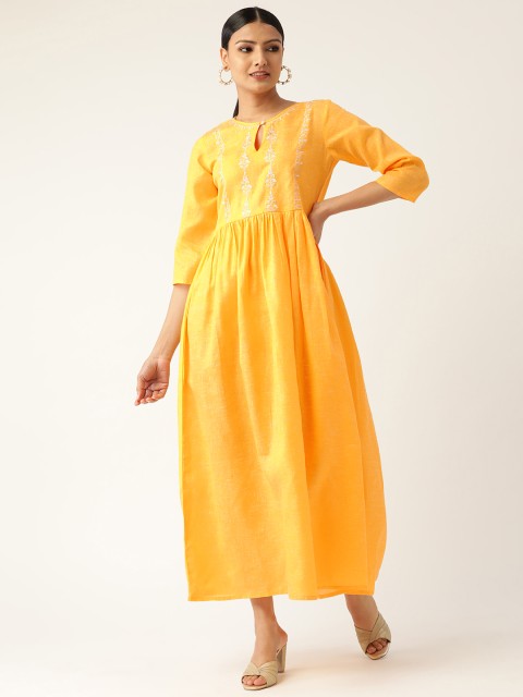 

Nayo Women Mustard Yellow Embroidered Fit and Flare Dress