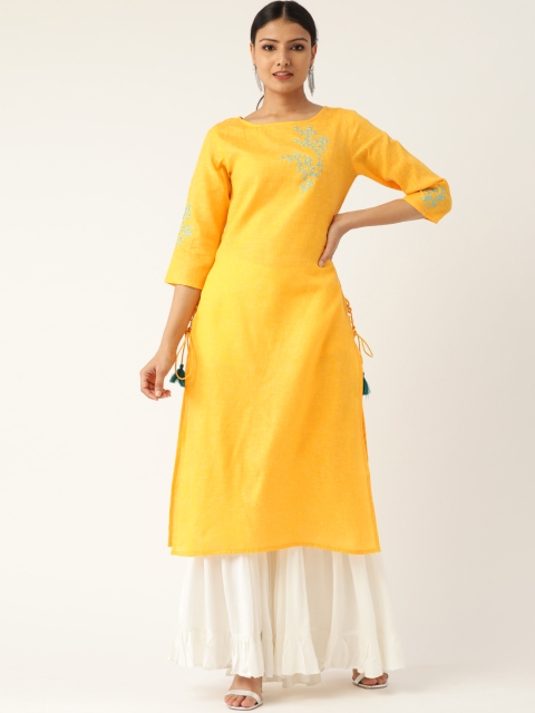 

Nayo Women Yellow & Blue Yoke Design Straight Kurta