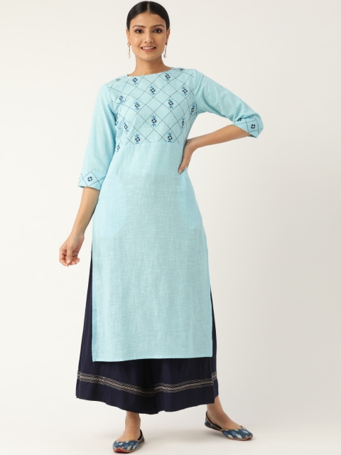 

Nayo Women Blue Yoke Design Straight Kurta