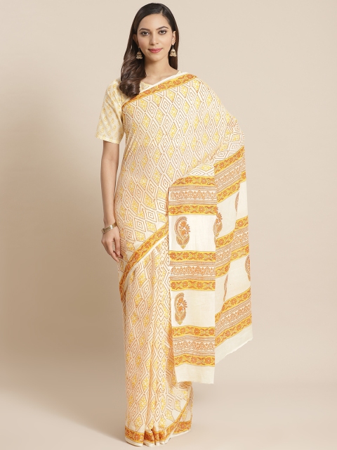 

Nayo Cream-Coloured & Orange Pure Cotton Printed Saree