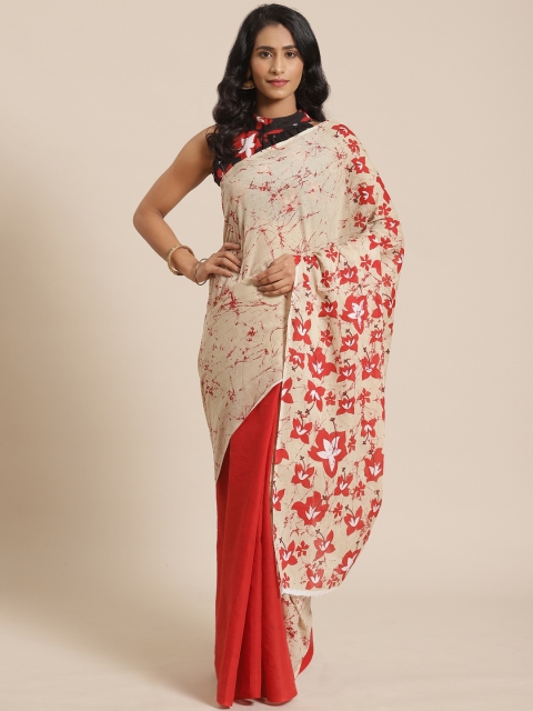 

Nayo Beige & Red Pure Cotton Printed Half & Half Saree