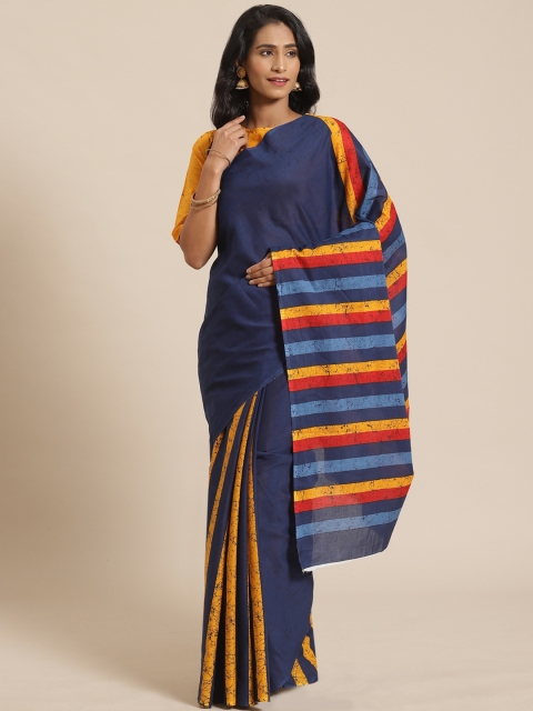 

Nayo Navy Blue & Mustard Pure Cotton Striped Saree