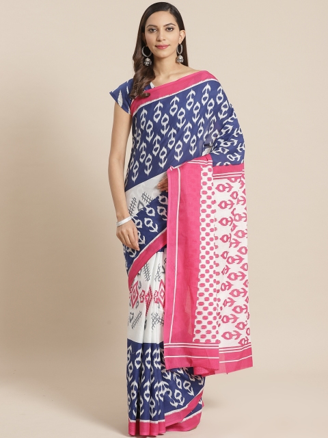 

Nayo Pink & White Pure Cotton Printed Saree, Navy blue