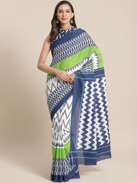 

Nayo White & Blue Pure Cotton Aztec Print Saree