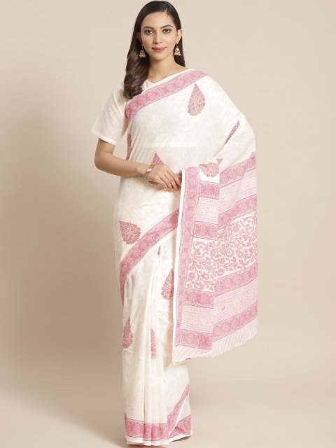 

Nayo Off-White & Pink Pure Cotton Printed Saree