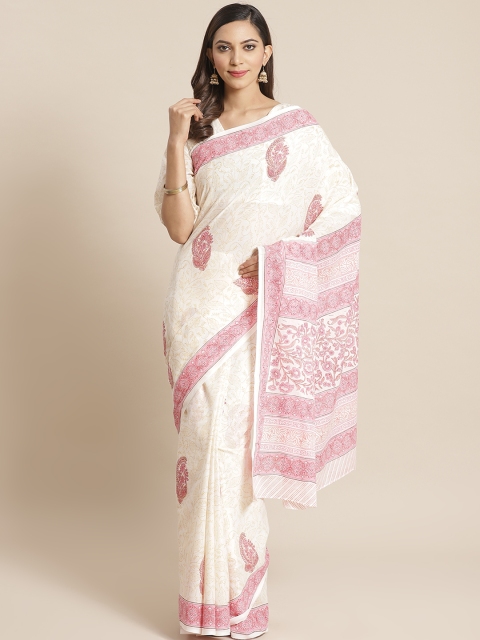 

Nayo White & Pink Pure Cotton Printed Saree