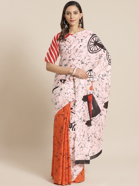 

Nayo Off-White & Orange Pure Cotton Printed Half and Half Saree