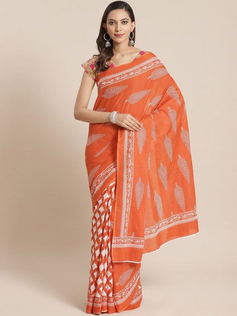 

Nayo Orange & White Pure Cotton Ethnic Motifs Print Saree