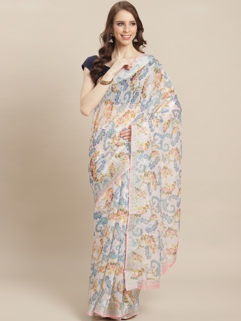 

Kalista White & Blue Floral & Paisley Printed Saree