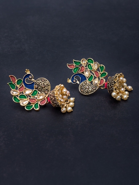 

Golden Peacock Navy Blue & Gold-Toned Peacock Shaped Beaded Meenakari Jhumkas