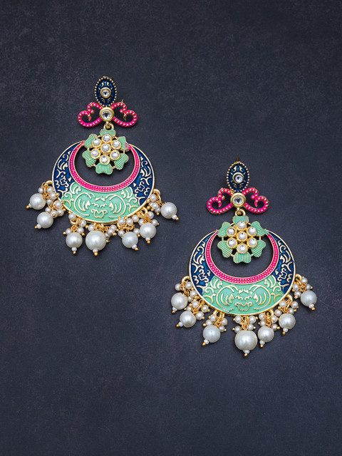 

Golden Peacock Navy Blue & Green Gold-Plated Meenakari-Work Crescent Shaped Chandbalis