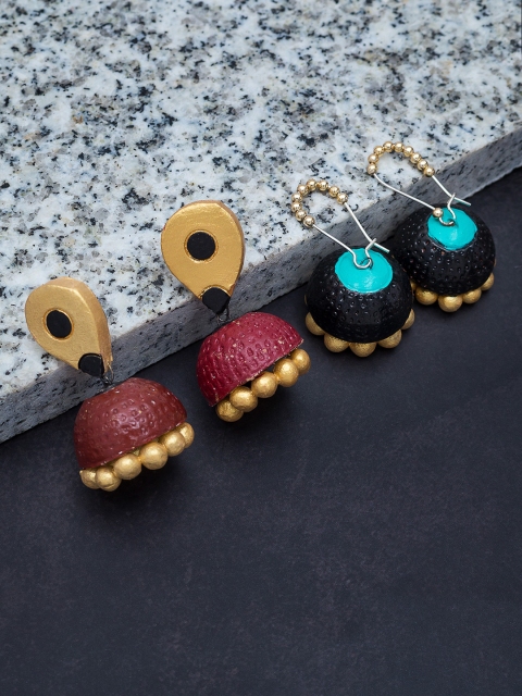 

Golden Peacock Set of 2 Dome Shaped Handcrafted Terracotta Jhumkas, Maroon