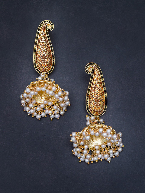 

Golden Peacock Rust Orange & Black Gold-Plated Meenakari Dome Shaped Jhumkas