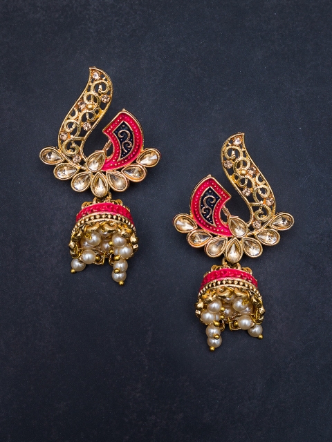 

Golden Peacock Pink Antique Gold-Plated Stone-Studded Meenakari-Work Dome Shaped Jhumkas