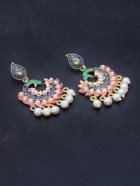 

Golden Peacock Gold-Toned & White Meenakari Peacock Shaped Drop Earrings