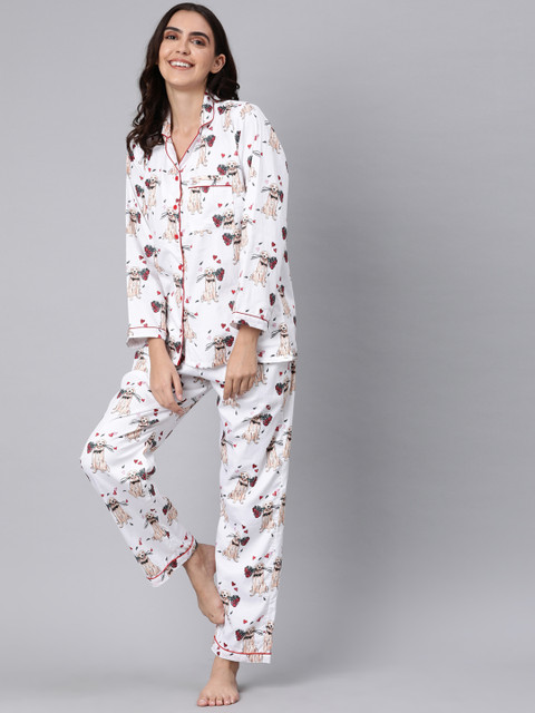 

Pyjama Party Women White & Red Printed Night suit