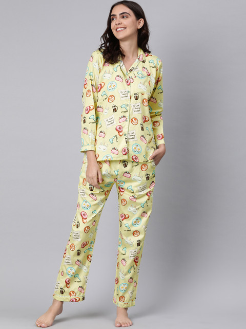 

Pyjama Party Women Yellow Printed Night suit