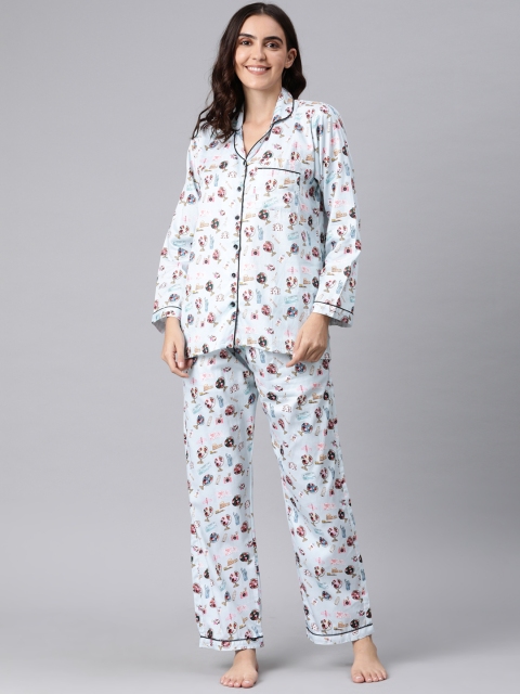 

Pyjama Party Women Blue & Multicoloured Printed Night suit