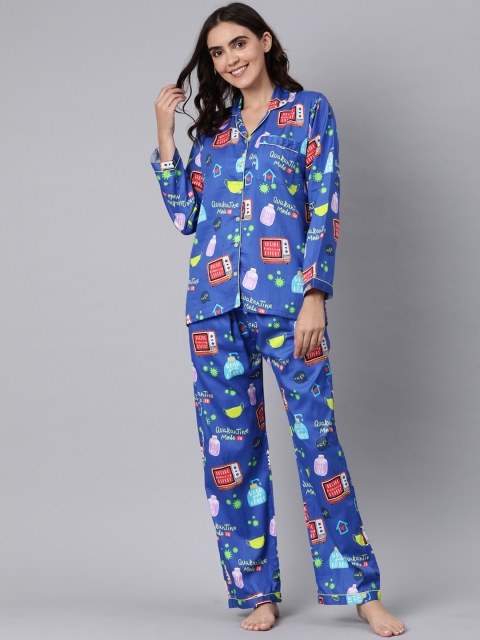 

Pyjama Party Women Blue & Multicoloured Printed Night suit