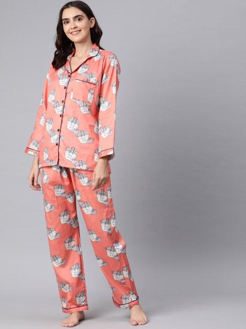 

Pyjama Party Women Coral Pink & Yellow Printed Night suit